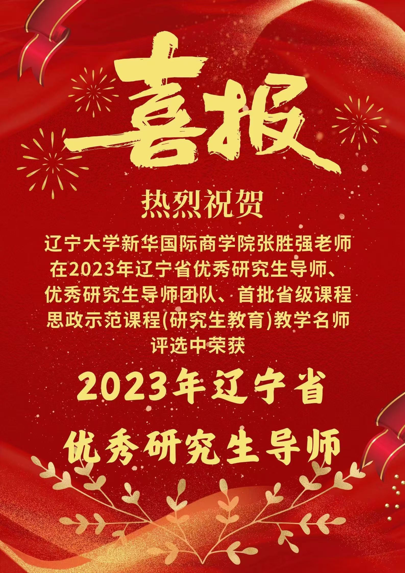 热烈祝贺新华国际商学院张胜强老师荣获2023年辽宁省优秀研究生导师